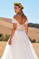 Load image into Gallery viewer, Ivory A-Line Sweep Train Tulle Corset Wedding Dress with Lace