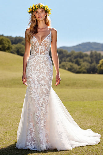Ivory Lace Mermaid Sweep Train Corset Wedding Dress