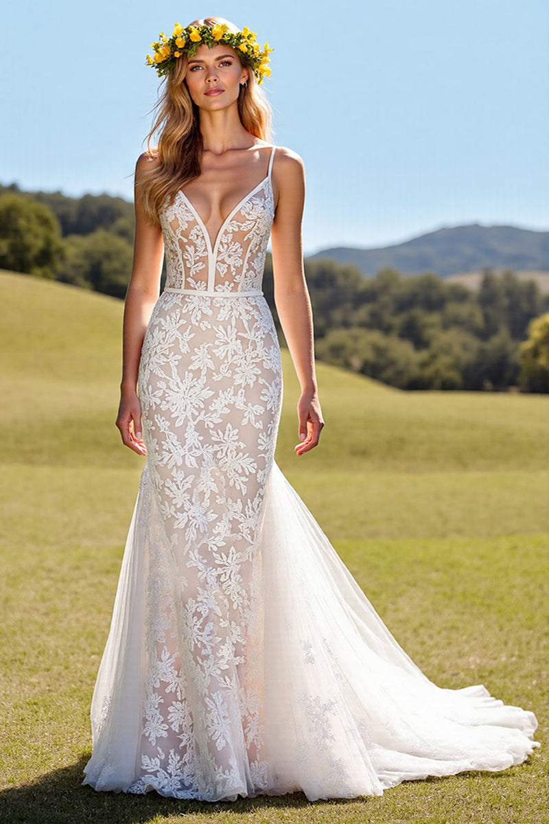 Load image into Gallery viewer, Ivory Lace Mermaid Sweep Train Corset Wedding Dress