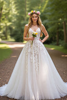 Load image into Gallery viewer, Ivory A-Line Tulle Sweep Train Corset Wedding Dress with Lace