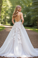 Load image into Gallery viewer, Ivory A-Line Tulle Sweep Train Corset Wedding Dress with Lace