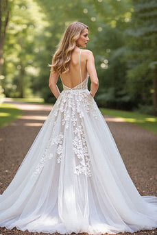Ivory A-Line Tulle Sweep Train Corset Wedding Dress with Lace