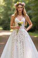 Load image into Gallery viewer, Ivory A-Line Tulle Sweep Train Corset Wedding Dress with Lace