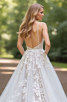 Load image into Gallery viewer, Ivory A-Line Tulle Sweep Train Corset Wedding Dress with Lace