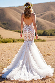Ivory Mermaid Tulle Sweep Train Wedding Dress with Lace