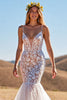 Load image into Gallery viewer, Ivory Mermaid Tulle Sweep Train Wedding Dress with Lace