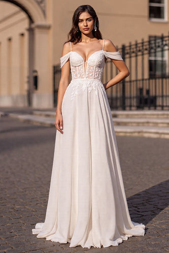 Ivory Boho Chiffon Sweep Train Corset Wedding Dress with Appliques