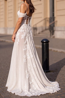 Ivory Boho Chiffon Sweep Train Corset Wedding Dress with Appliques