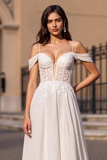 Ivory Boho Chiffon Sweep Train Corset Wedding Dress with Appliques