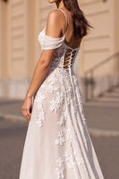 Load image into Gallery viewer, Ivory Boho Chiffon Sweep Train Corset Wedding Dress with Appliques