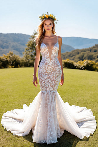 Ivory Lace Spaghetti Straps Mermaid Sweep Train Corset Wedding Dress