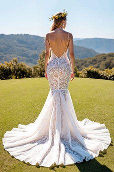Ivory Lace Spaghetti Straps Mermaid Sweep Train Corset Wedding Dress