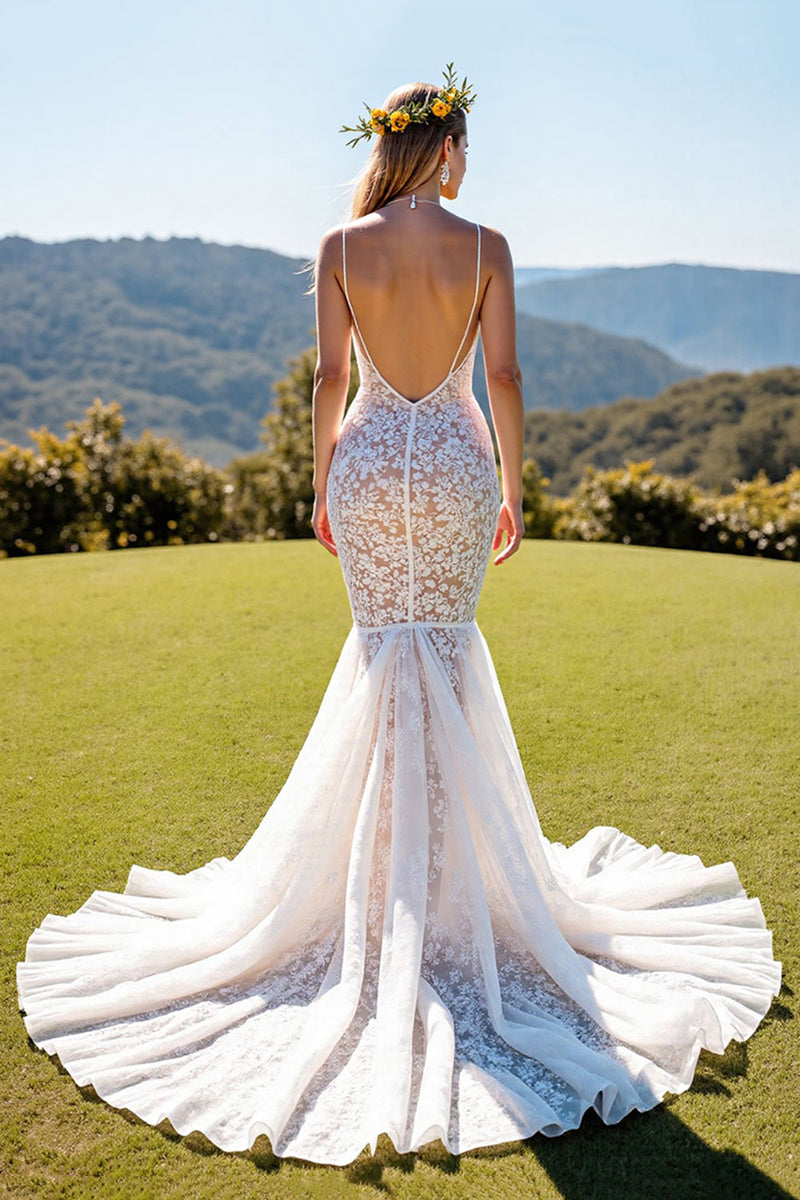 Load image into Gallery viewer, Ivory Lace Spaghetti Straps Mermaid Sweep Train Corset Wedding Dress