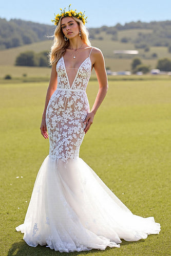Ivory Lace Mermaid Deep V-Neck Sweep Train Wedding Dress