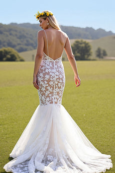 Ivory Lace Mermaid Deep V-Neck Sweep Train Wedding Dress