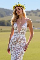Load image into Gallery viewer, Ivory Lace Mermaid Deep V-Neck Sweep Train Wedding Dress