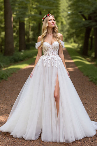 Ivory A-Line Tulle Sweep Train Wedding Dress with Slit