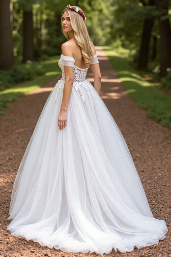 Ivory A-Line Tulle Sweep Train Wedding Dress with Slit