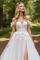 Load image into Gallery viewer, Ivory A-Line Tulle Sweep Train Wedding Dress with Slit