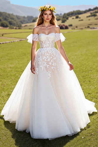 A-Line Ivory Tulle Sweep Train Corset Wedding Dress with Appliques