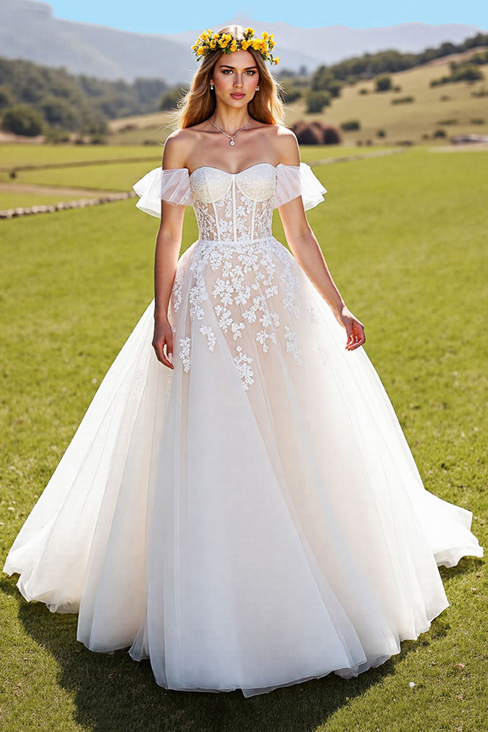 A-Line Ivory Tulle Sweep Train Corset Wedding Dress with Appliques
