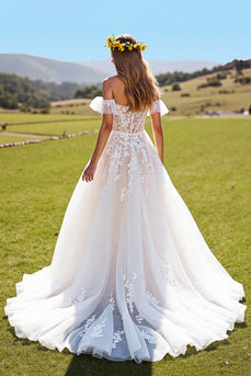 A-Line Ivory Tulle Sweep Train Corset Wedding Dress with Appliques