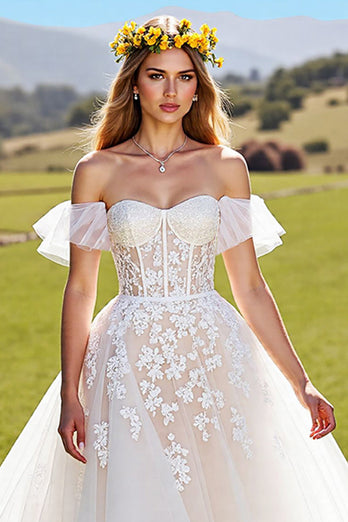 A-Line Ivory Tulle Sweep Train Corset Wedding Dress with Appliques