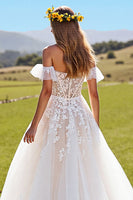 Load image into Gallery viewer, A-Line Ivory Tulle Sweep Train Corset Wedding Dress with Appliques