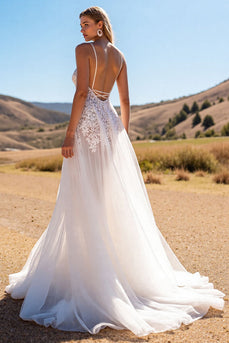 Boho Ivory Tulle Sweep Train Wedding Dress with Lace
