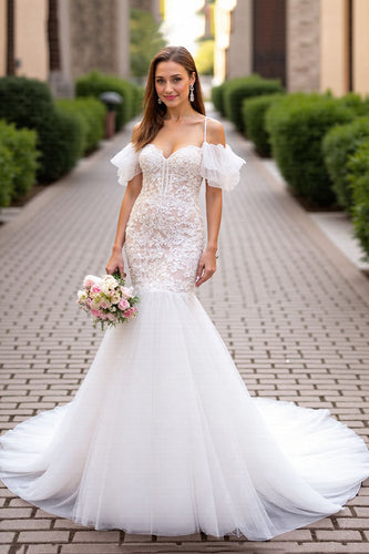 Ivory Tulle Mermaid Cold Shoulder Sweep Train Wedding Dress with Lace