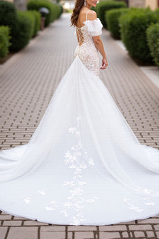 Ivory Tulle Mermaid Cold Shoulder Sweep Train Wedding Dress with Lace