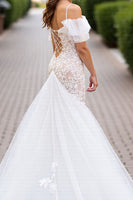 Load image into Gallery viewer, Ivory Tulle Mermaid Cold Shoulder Sweep Train Wedding Dress with Lace