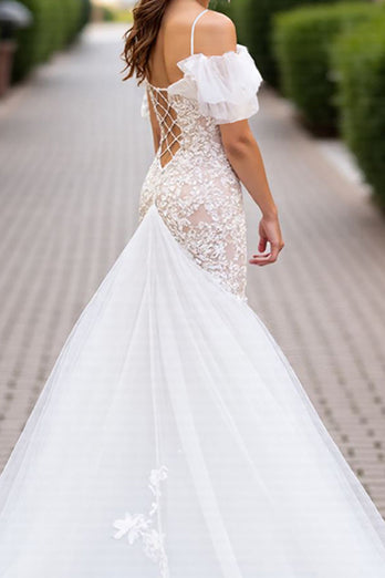 Ivory Tulle Mermaid Cold Shoulder Sweep Train Wedding Dress with Lace