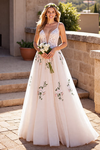 Floral Ivory Deep V-Neck Tulle Sweep Train Wedding Dress with Lace