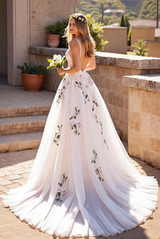 Floral Ivory Deep V-Neck Tulle Sweep Train Wedding Dress with Lace