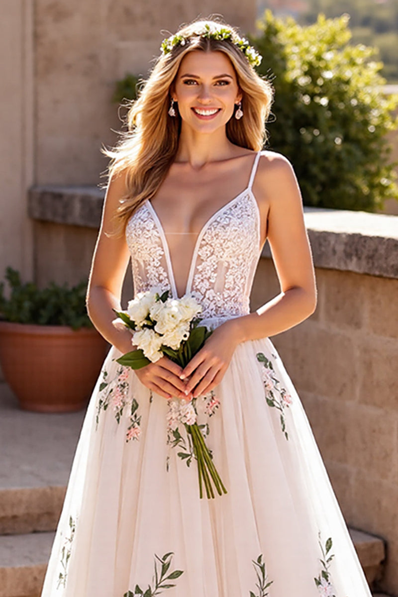 Load image into Gallery viewer, Floral Ivory Deep V-Neck Tulle Sweep Train Wedding Dress with Lace