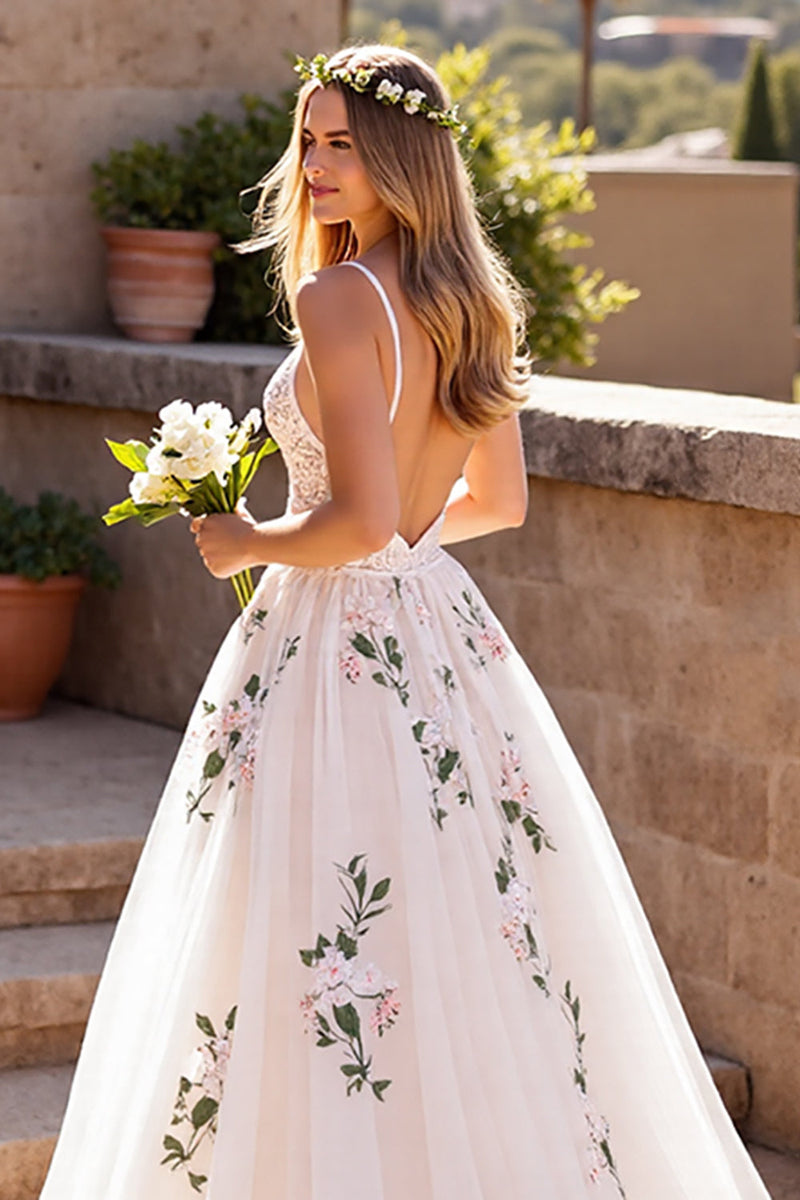 Load image into Gallery viewer, Floral Ivory Deep V-Neck Tulle Sweep Train Wedding Dress with Lace