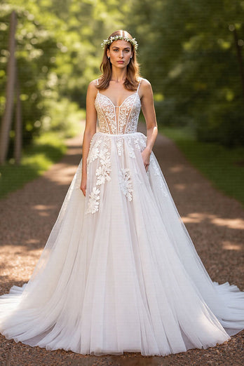A-Line Ivory Tulle Sweep Train Corset Wedding Dress with Lace