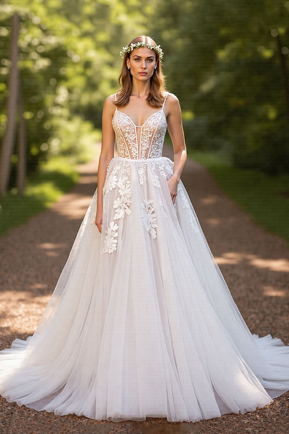 A-Line Ivory Tulle Sweep Train Corset Wedding Dress with Lace