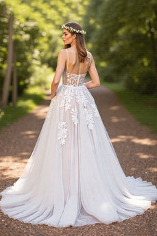 A-Line Ivory Tulle Sweep Train Corset Wedding Dress with Lace
