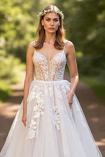 A-Line Ivory Tulle Sweep Train Corset Wedding Dress with Lace