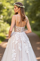 Load image into Gallery viewer, A-Line Ivory Tulle Sweep Train Corset Wedding Dress with Lace