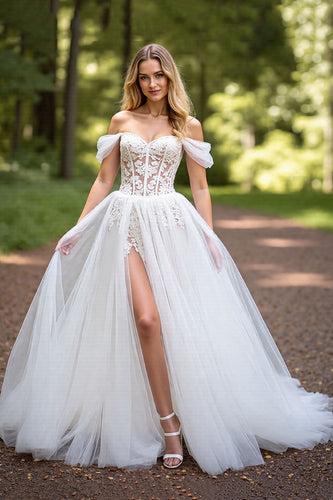 Ivory Tulle A-Line Sweep Train Corset Wedding Dress with Slit