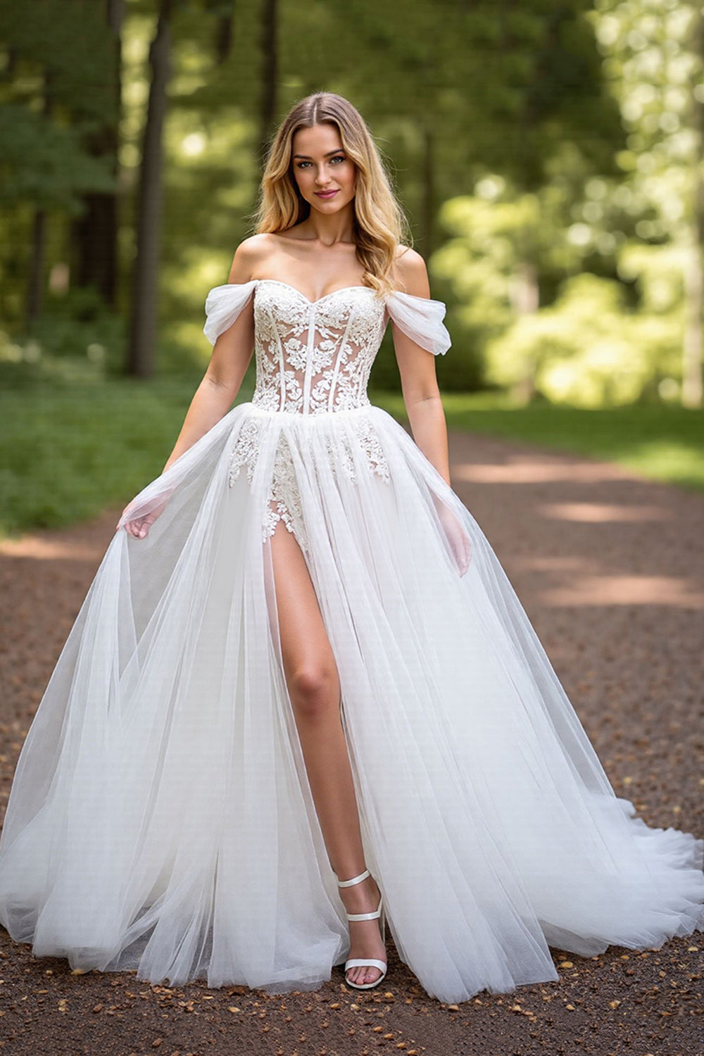 Ivory Tulle A-Line Sweep Train Corset Wedding Dress with Slit