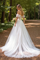 Load image into Gallery viewer, Ivory Tulle A-Line Sweep Train Corset Wedding Dress with Slit