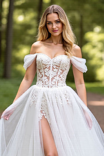 Ivory Tulle A-Line Sweep Train Corset Wedding Dress with Slit