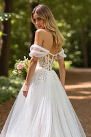 Load image into Gallery viewer, Ivory Tulle A-Line Sweep Train Corset Wedding Dress with Slit