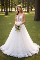 Load image into Gallery viewer, Ivory Tulle Sweep Train Corset Wedding Dress with Appliques