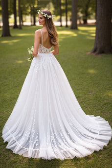 Ivory Tulle Sweep Train Corset Wedding Dress with Appliques