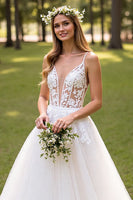 Load image into Gallery viewer, Ivory Tulle Sweep Train Corset Wedding Dress with Appliques